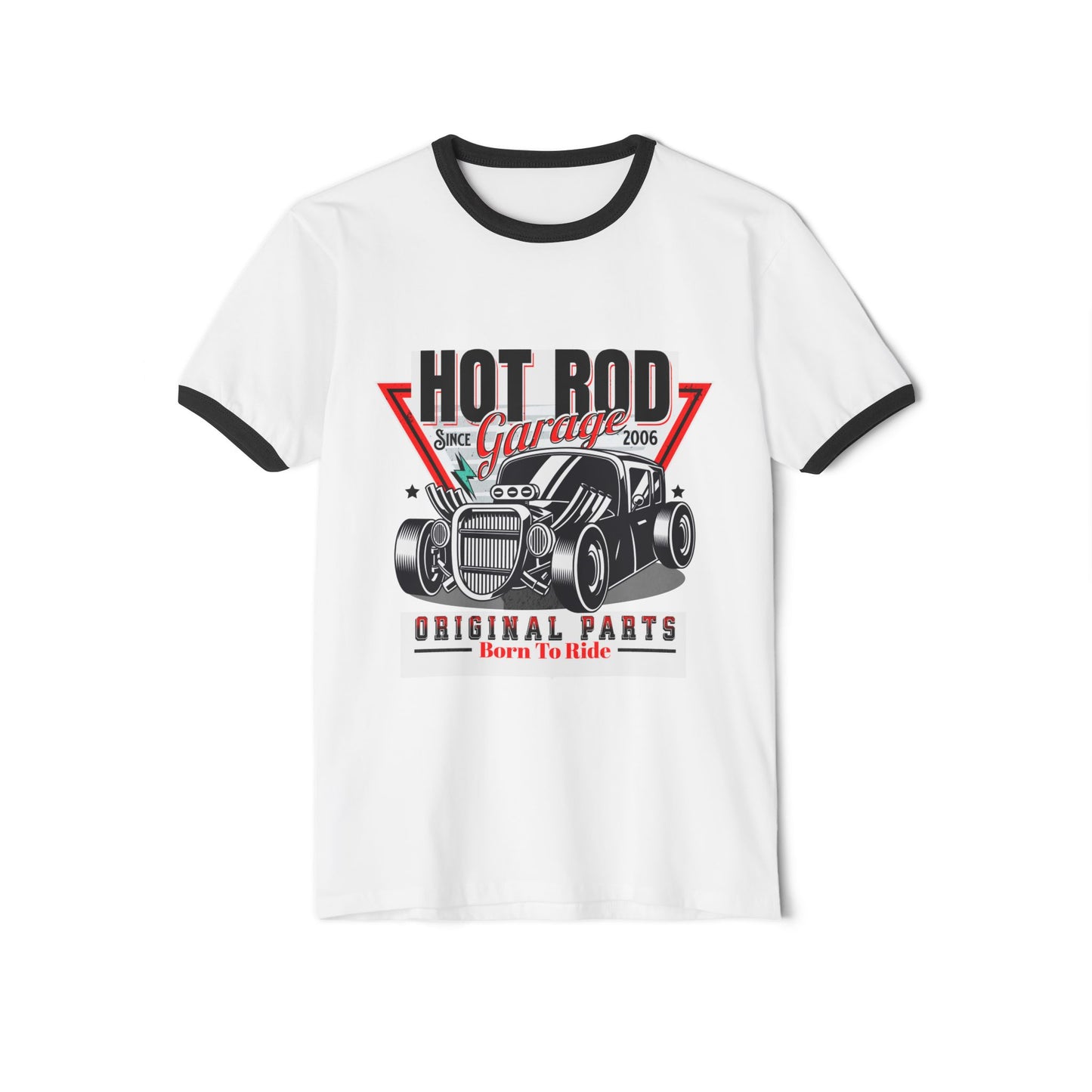 Hot Rod Garage Unisex Cotton Ringer T-Shirt - Born To Ride Vintage Tee - CreativeRino
