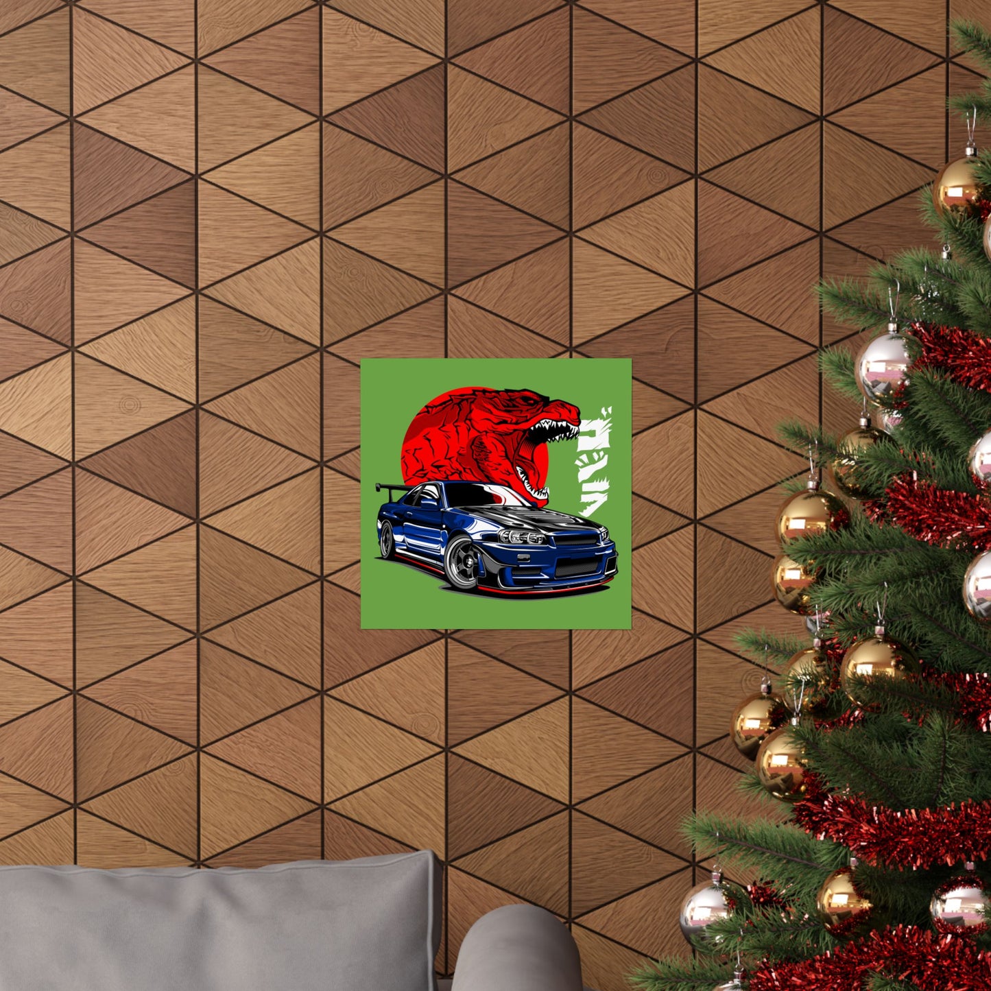 Car Matte Square Poster - Racing Car & Tyrannosaurus Design - CreativeRino