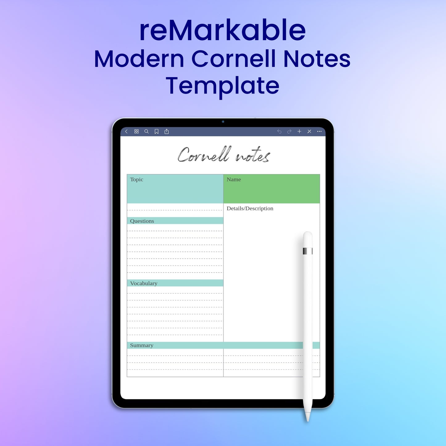 reMarkable 2 Modern Cornell Notes Template Planner Template