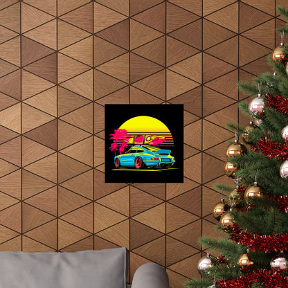 Retro Beach Vibes Matte Square Poster - Neon Car & Surfboard Design - CreativeRino