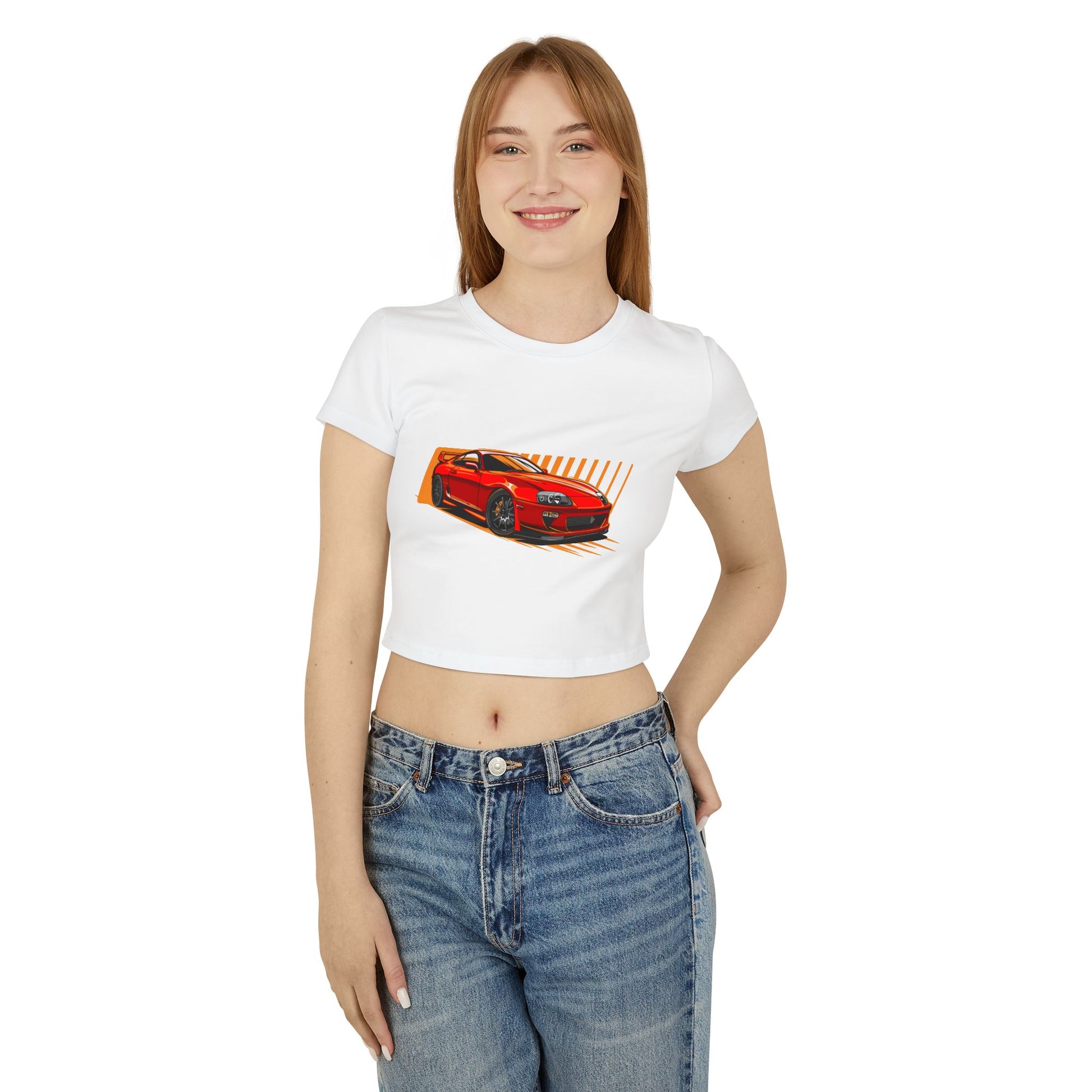Women's Car Enthusiast Baby Tee - Sporty Red Racing Design - CreativeRino