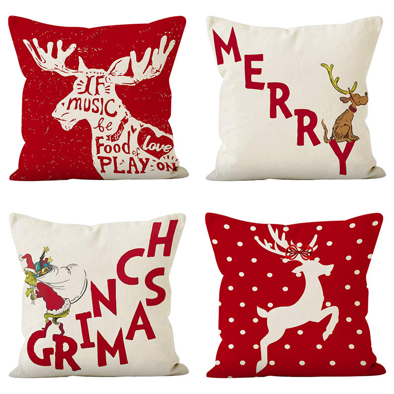 Linen Deer Print Lumbar Pillow Cover | Christmas Holiday Waist Cushion for Sofa Decor eprolo