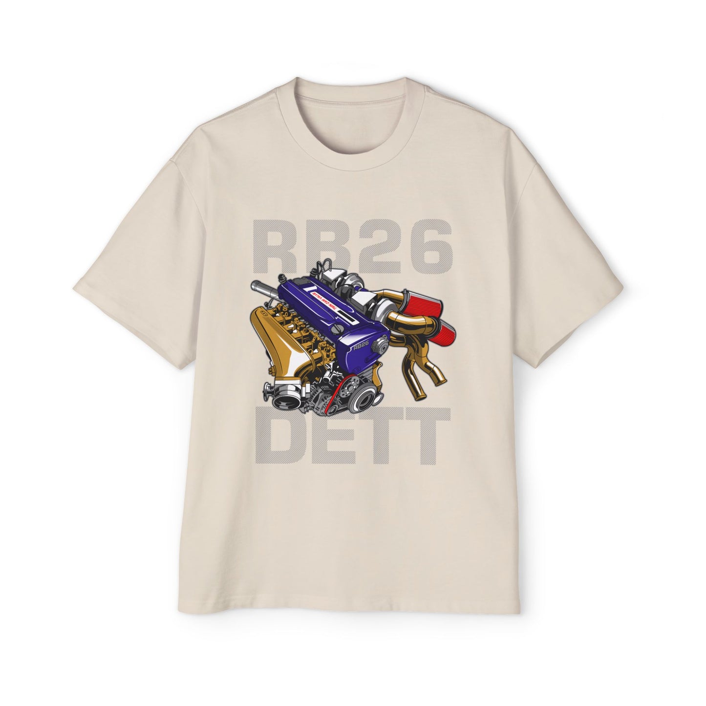 Men's Heavy Oversized Tee - RB26 DETT Engine Graphic T-Shirt for Car Enthusiasts - CreativeRino