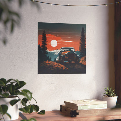 Vintage Adventure Matte Vertical Poster - Retro Jeep and Mountain Sunset Wall Art - CreativeRino