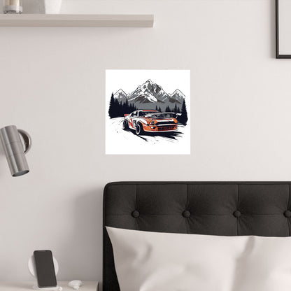 Racing Car Satin Poster - Mountain Adventure Art Print - CreativeRino