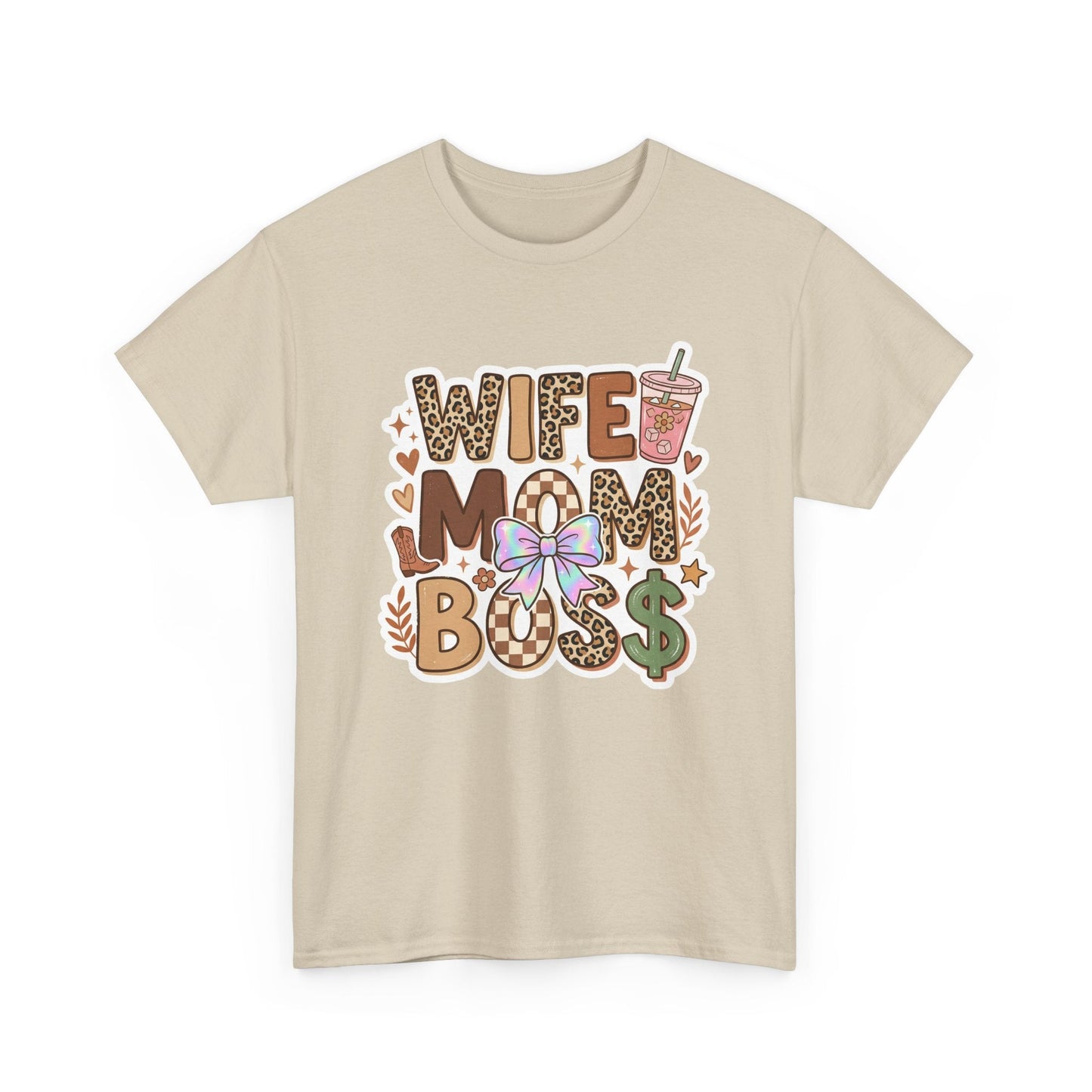 Wife Mom Boss Leopard Graphic Tee – Cute Mom Life Shirt with Bow & Coffee Printify