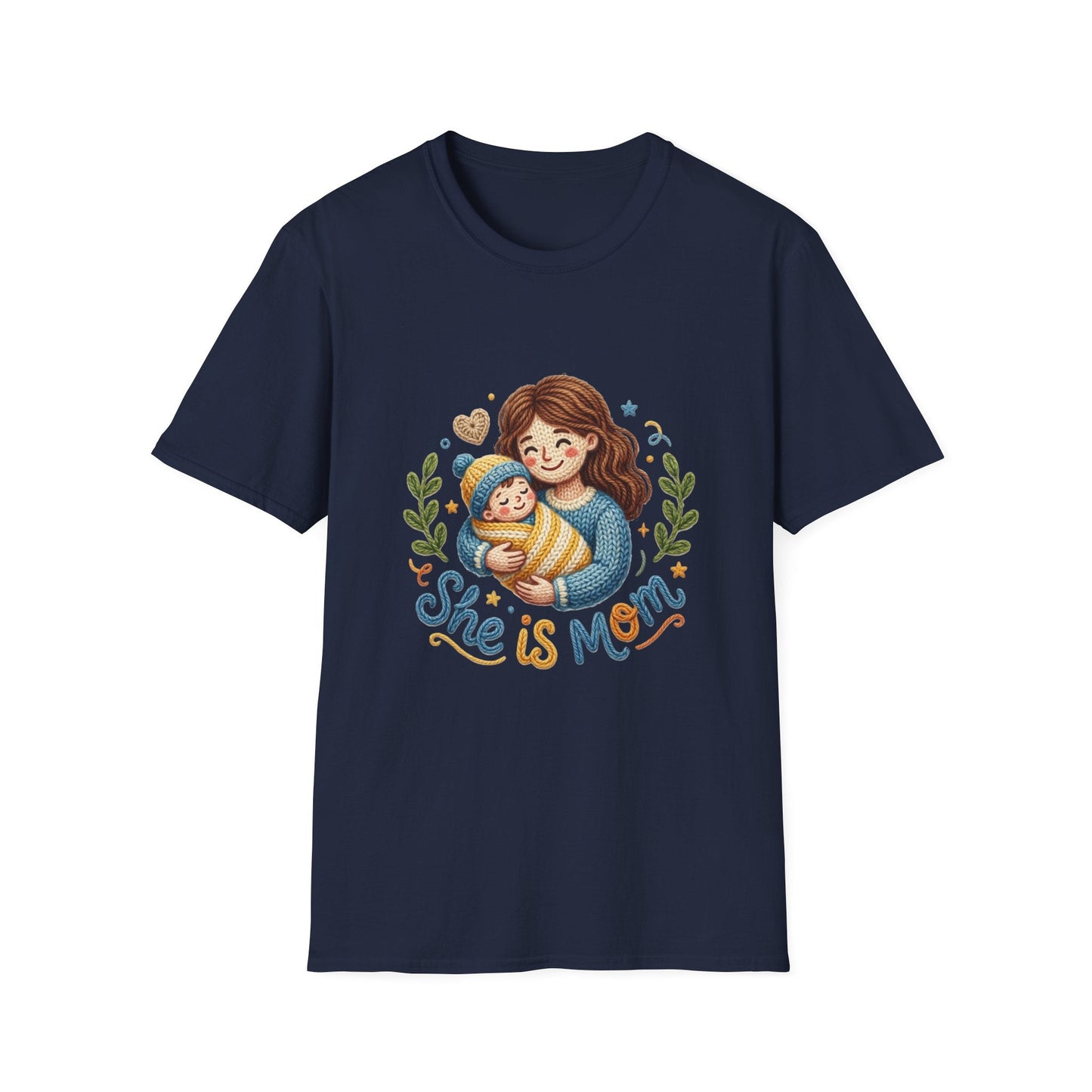She Is Mom T-Shirt — Cute Mom & Baby Illustration, Mother’s Day Gift Tee Printify