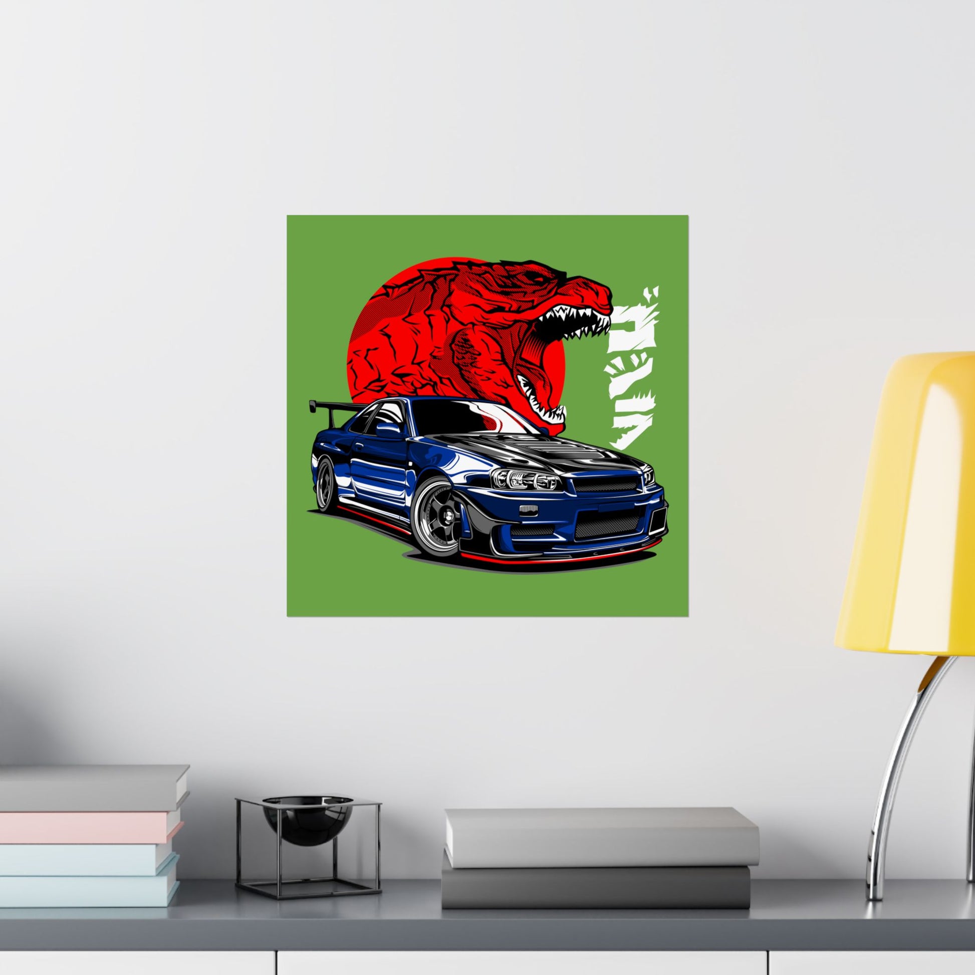 Car Matte Square Poster - Racing Car & Tyrannosaurus Design - CreativeRino