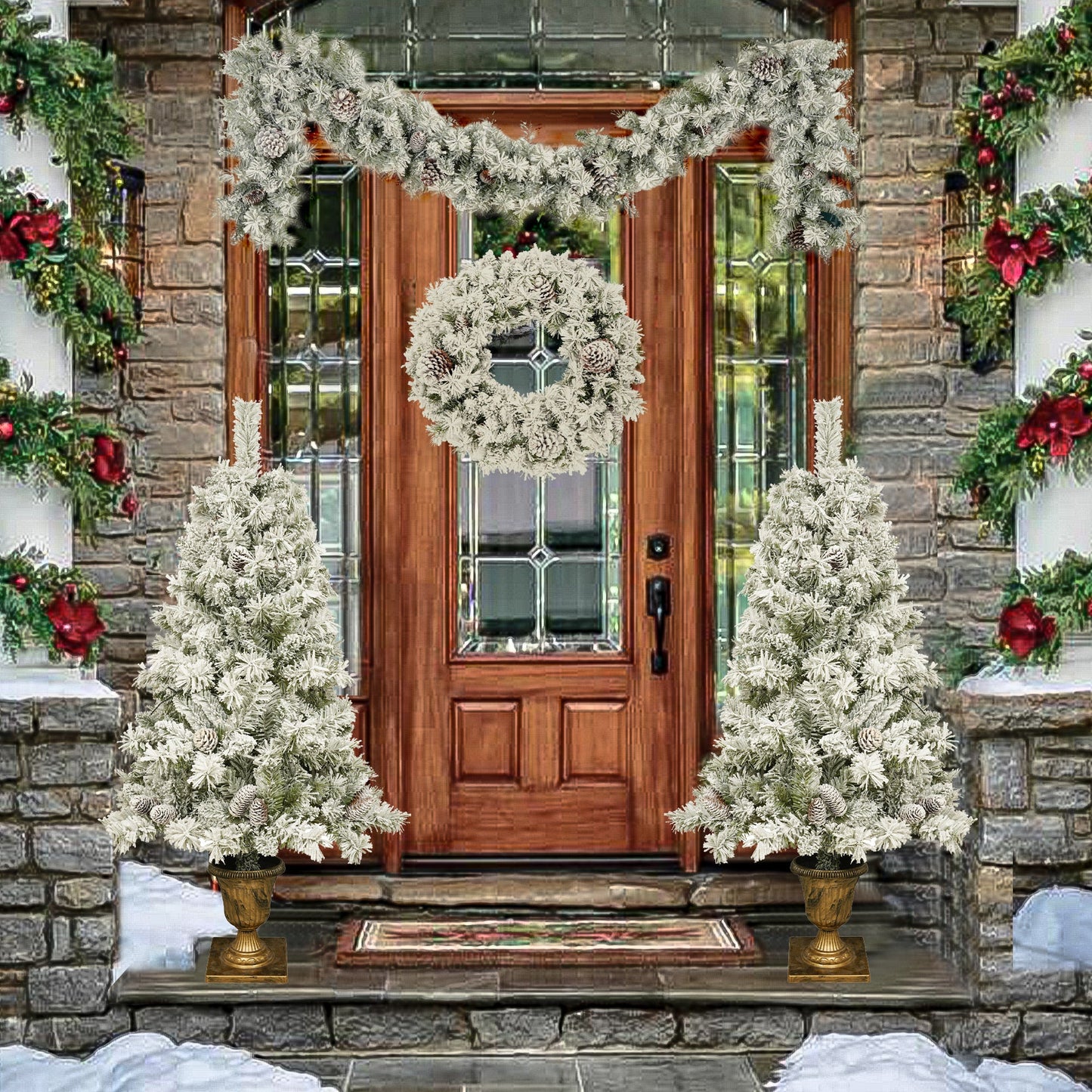 Deluxe 4-Piece Pre-Lit Christmas Tree & Garland Set | LED Entrance & Flower Decor eprolo
