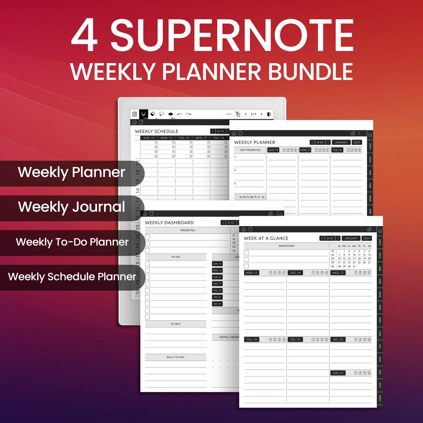 4 Supernote Weekly Planner Template Bundle