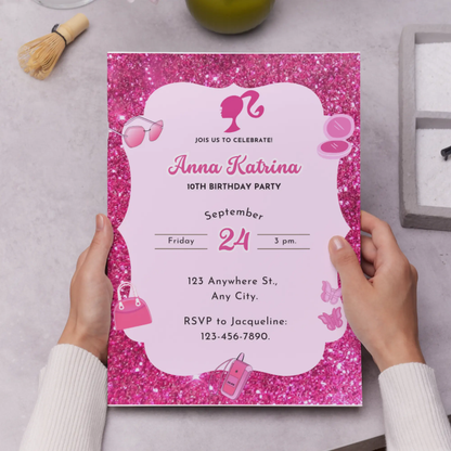 Pink Doll Birthday Invitation Template - CreativeRino