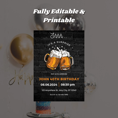 Beer Surprise Birthday Party Invitation Template - CreativeRino