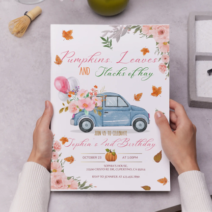 Fall Pumpkin Truck Birthday Party Invitation Template - CreativeRino