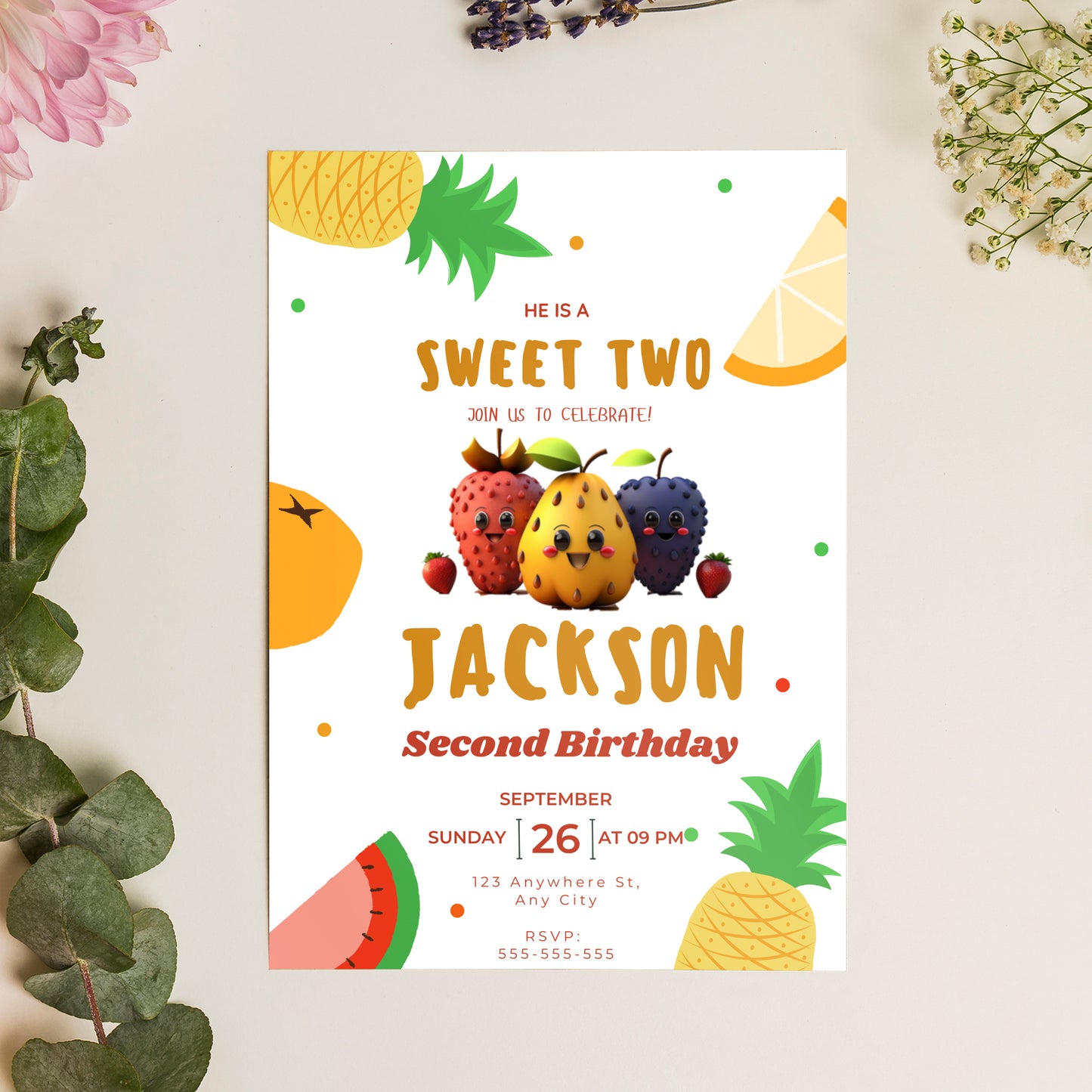 Hey Bear Dancing Fruit Birthday Invitation Template