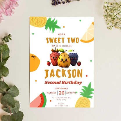 Hey Bear Dancing Fruit Birthday Invitation Template CreativeRino