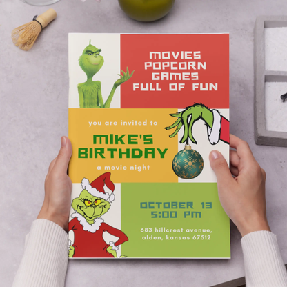 Grinch Christmas Birthday Invitation Template - CreativeRino