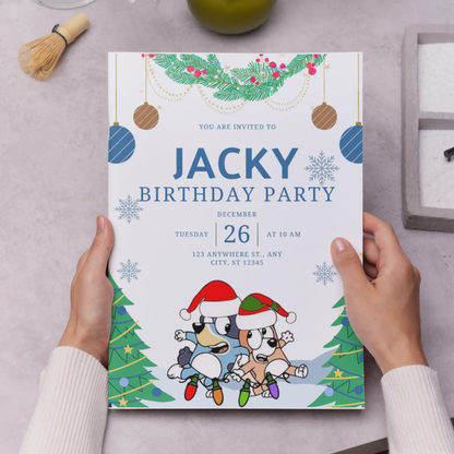 Bluey and Bingo Christmas Birthday Invitation Template - CreativeRino