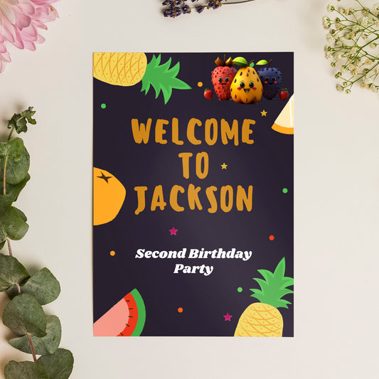 Hey Bear Dancing Fruit Birthday Welcome Sign Template