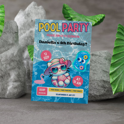 Kawaii Kitty Pool Birthday Party Invitation Template - CreativeRino