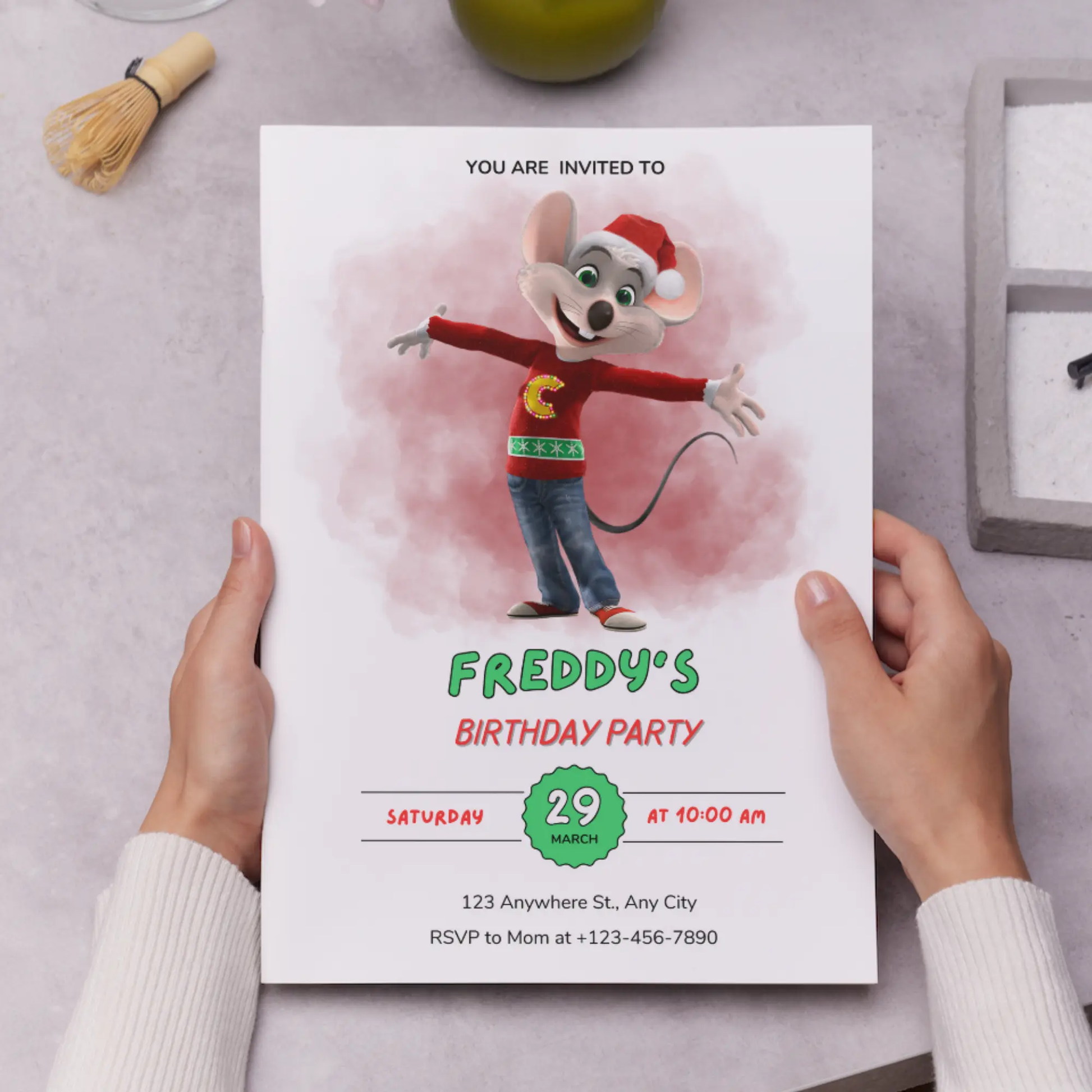 Chuck E Cheese Mouse Christmas Birthday Invitation Template - CreativeRino