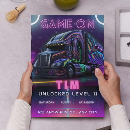 Game Truck Gaming Birthday Invitation Template - CreativeRino