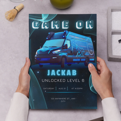 Game Truck Gaming Birthday Invitation Template - CreativeRino