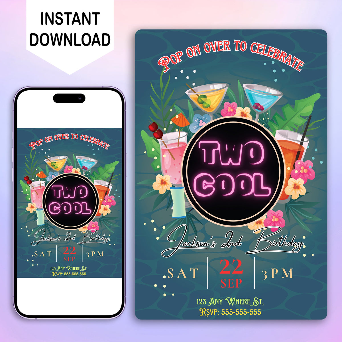 Invited Cool Two Cool Party Invitation | Two Cool Birthday Invite Canva Template ...