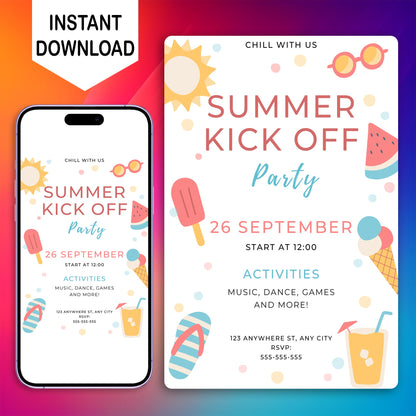 Summer Kick Off Party Invite | End of Summer Party Invitation Canva Template CreativeRino