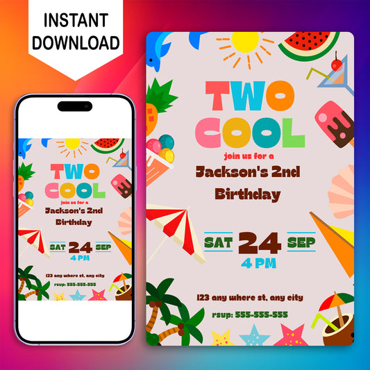 Two Cool Birthday Party Invitation | Two Cool Summer Invite Canva Template