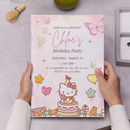 Kawaii Kitty Birthday Invitation Template - CreativeRino