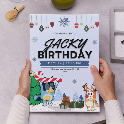 Bluey and Bingo Christmas Birthday Invitation Template - CreativeRino