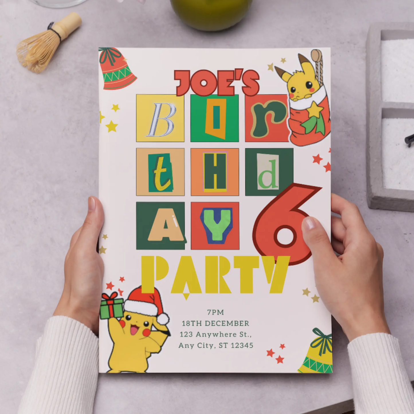 Pikachu Pokemon Christmas Birthday Invitation Template - CreativeRino