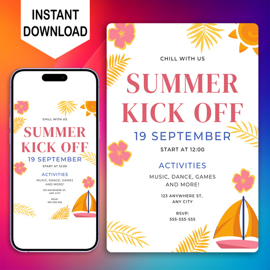 Summer Kick Off Party Invitation | End of Summer Party Invite Canva Template