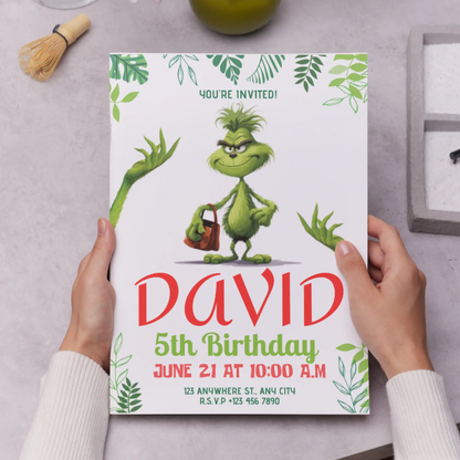 Baby Grinch Christmas Birthday Invitation Template - CreativeRino