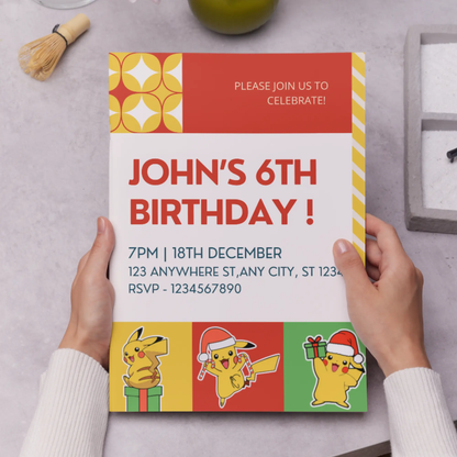 Pikachu Pokemon Christmas Birthday Invitation Template - CreativeRino