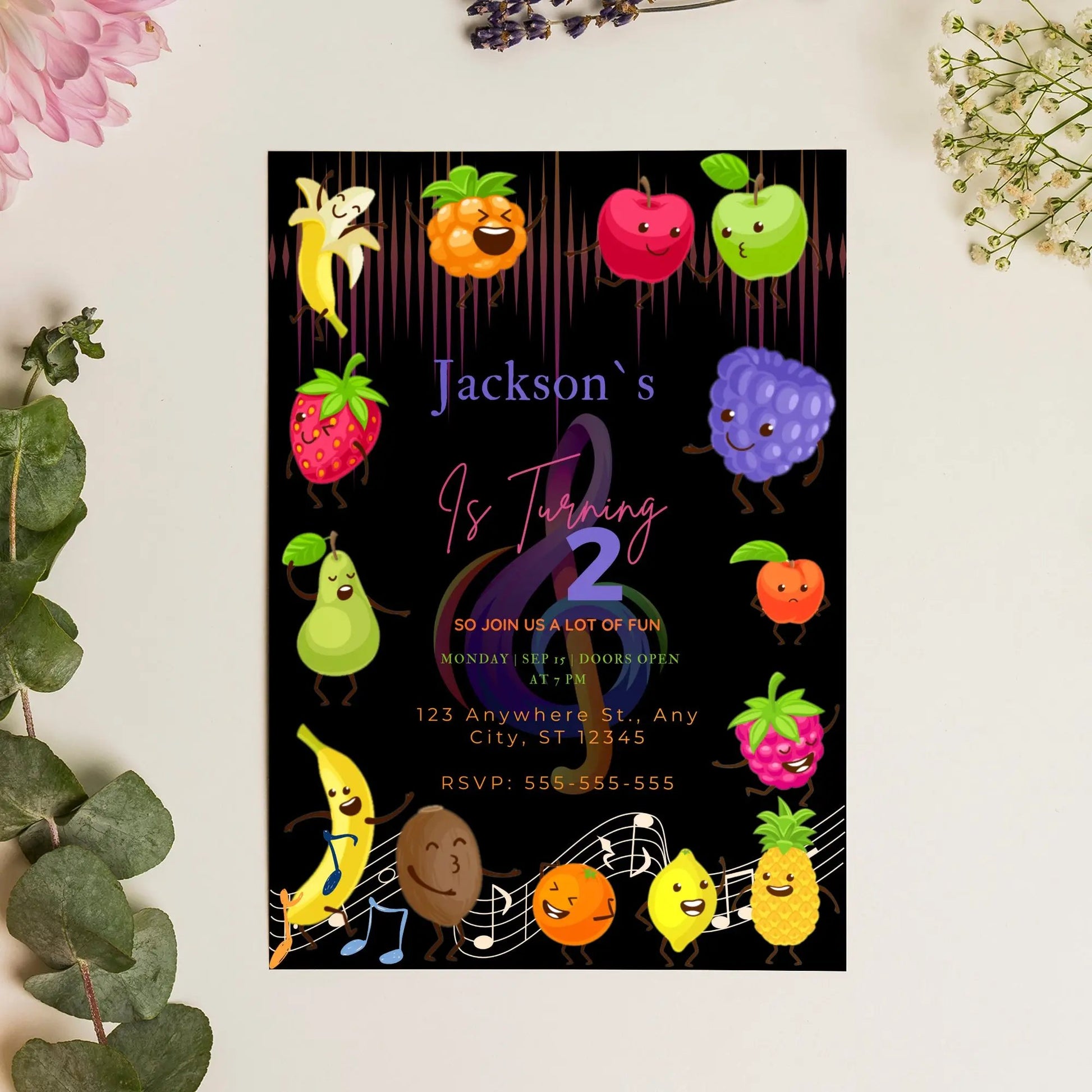 Hey Bear Dancing Fruit Birthday Invitation Template CreativeRino