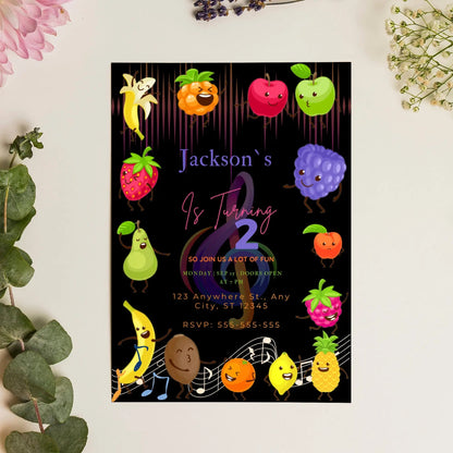 Hey Bear Dancing Fruit Birthday Invitation Template CreativeRino