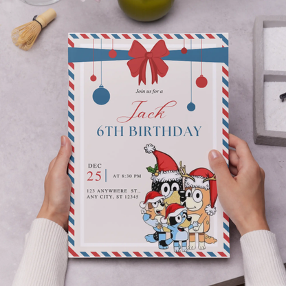 Bluey and Bingo Christmas Birthday Invitation Template - CreativeRino
