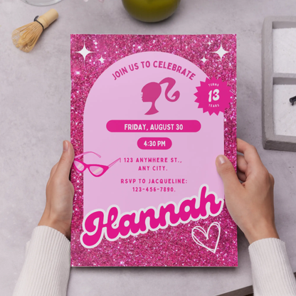 Hot Pink Doll Birthday Invitation Template - CreativeRino