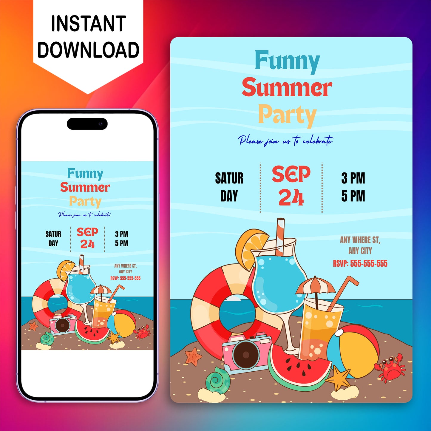 Funny Summer Party Invitation | Summer Party Invite Canva Template