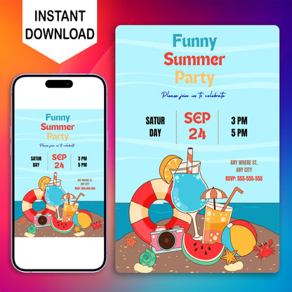 Funny Summer Party Invitation | Summer Party Invite Canva Template CreativeRino