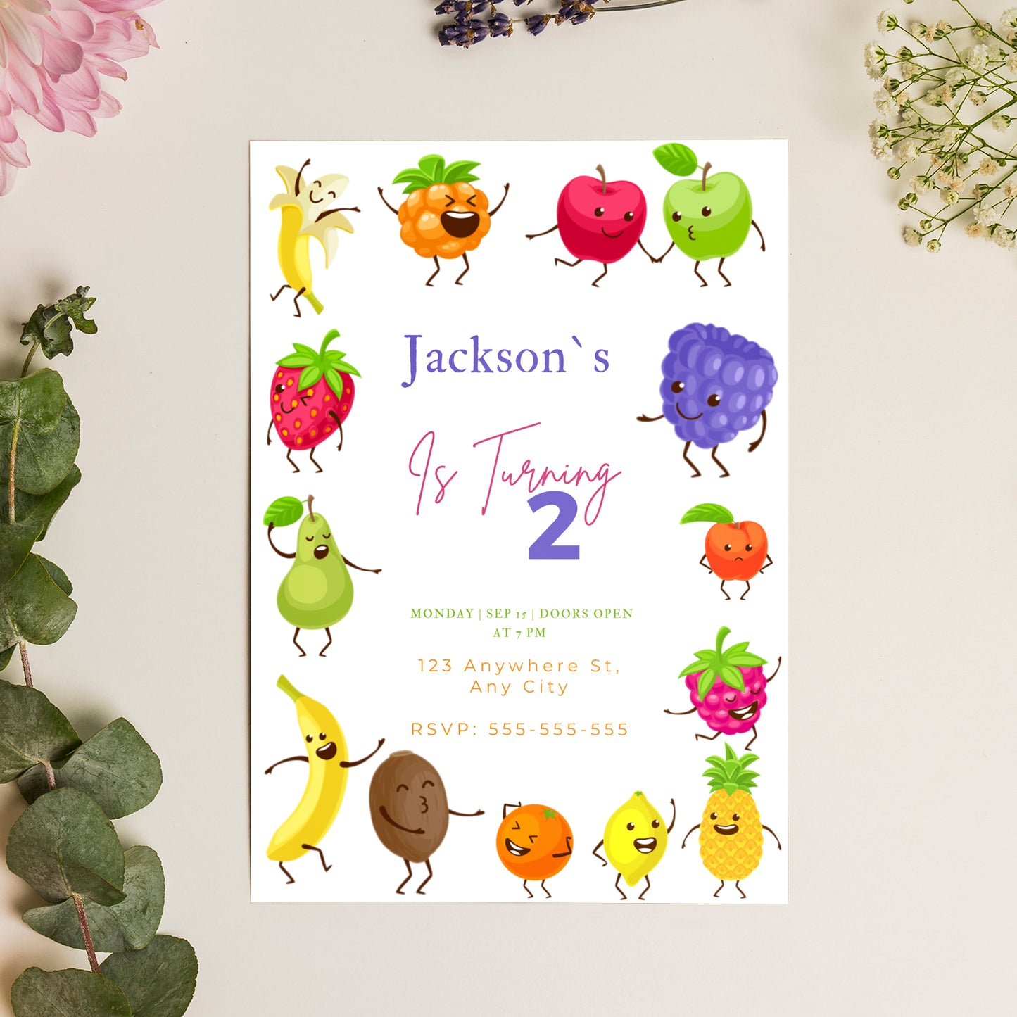 Hey Bear Dancing Fruit Birthday Invitation Template