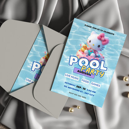 Kawaii Kitty Pool Birthday Party Invitation Template - CreativeRino