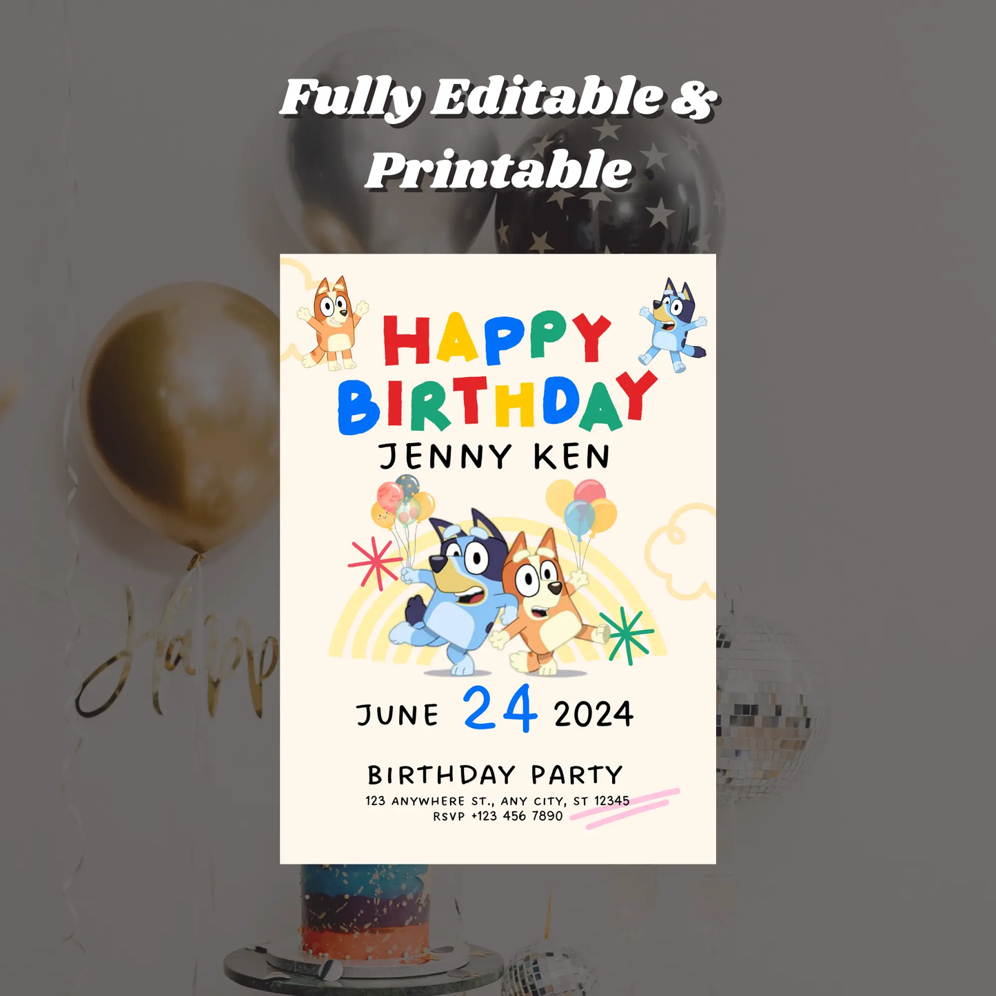 Bluey and Bingo Birthday Party Invitation Template - CreativeRino