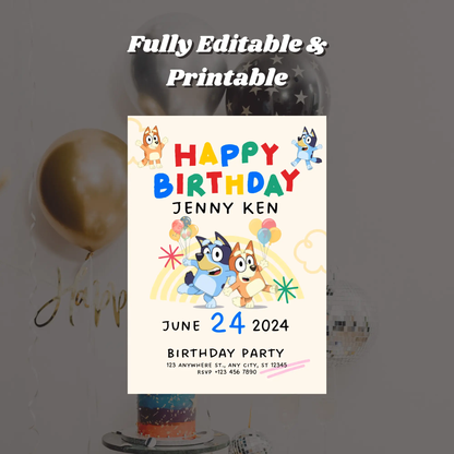 Bluey and Bingo Birthday Party Invitation Template - CreativeRino