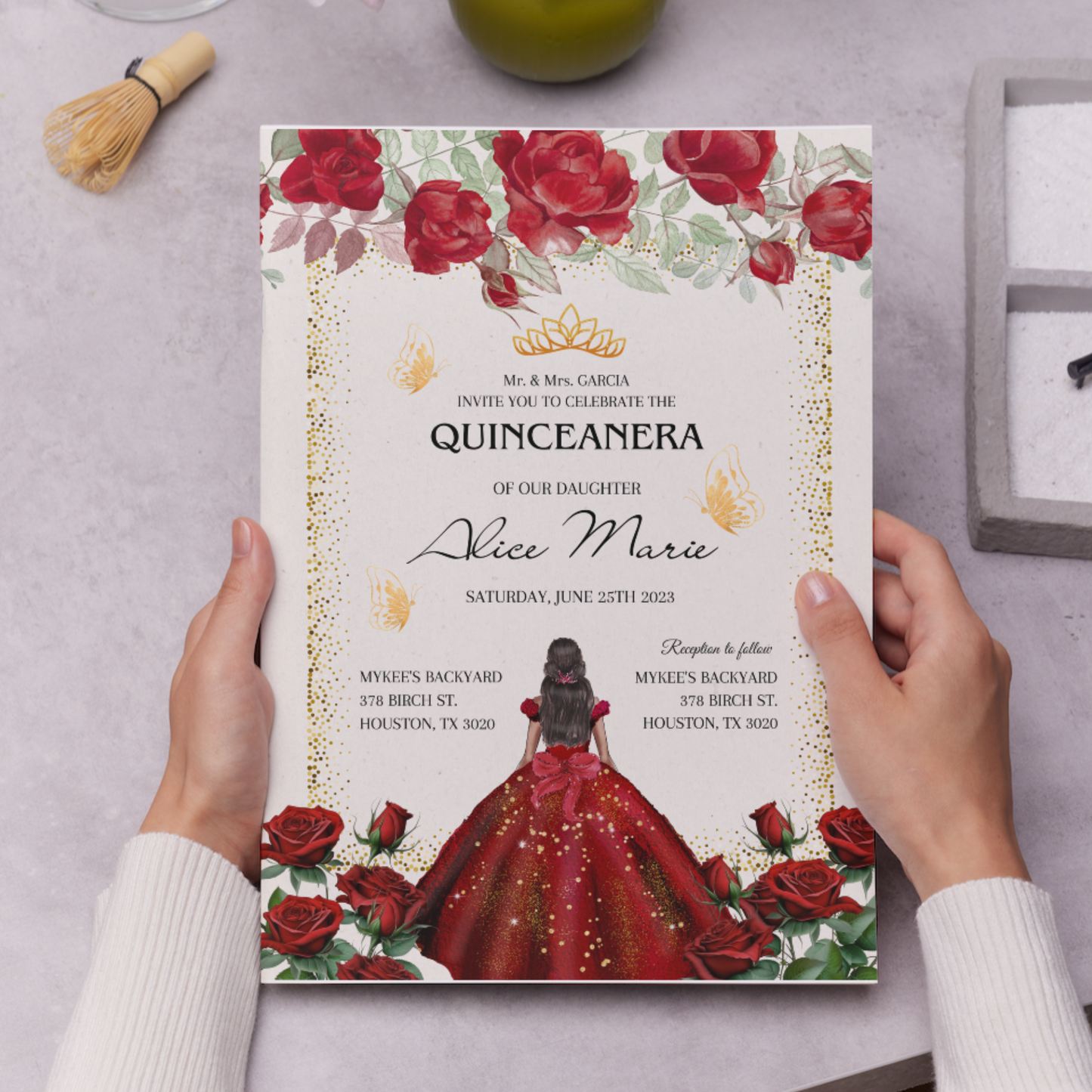 Red Floral Gold Butterflies Princess Quinceañera Invitation Template