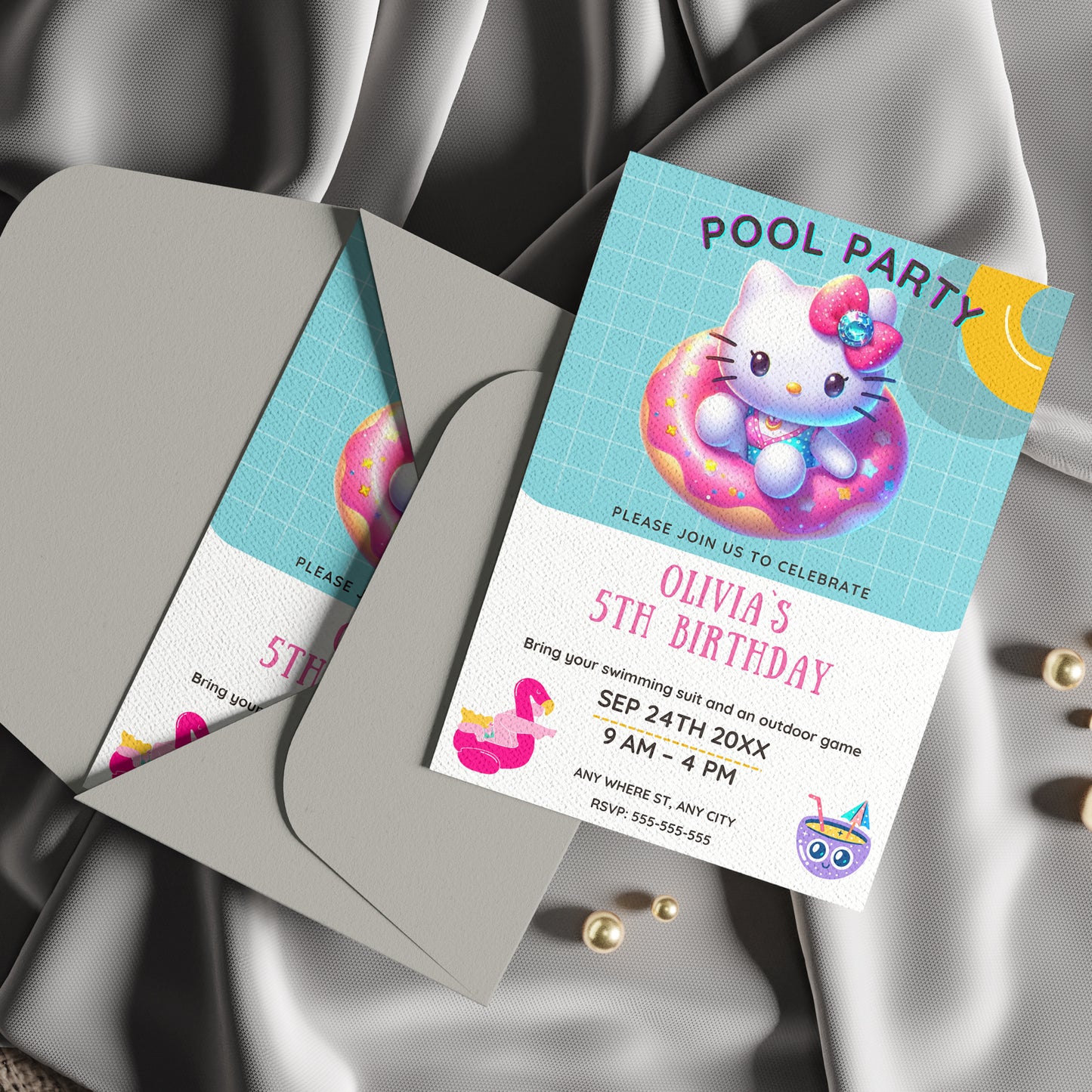 Kawaii Kitty Pool Birthday Party Invitation Template