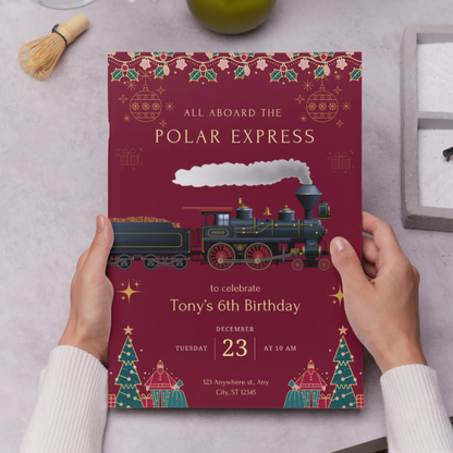 Christmas Polar Express Train Birthday Invitation Template - CreativeRino