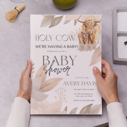 Boho Highland Cow Baby Shower Invitation Template CreativeRino