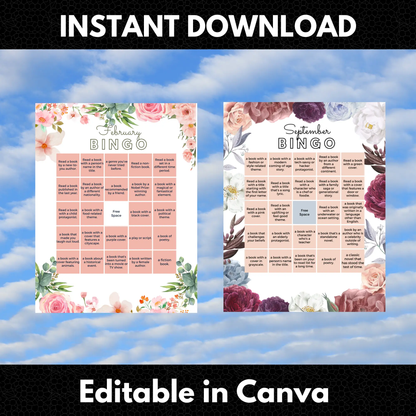 12 Month Book Bingo Reading Challenge Template | Monthly Reading Challenge - CreativeRino